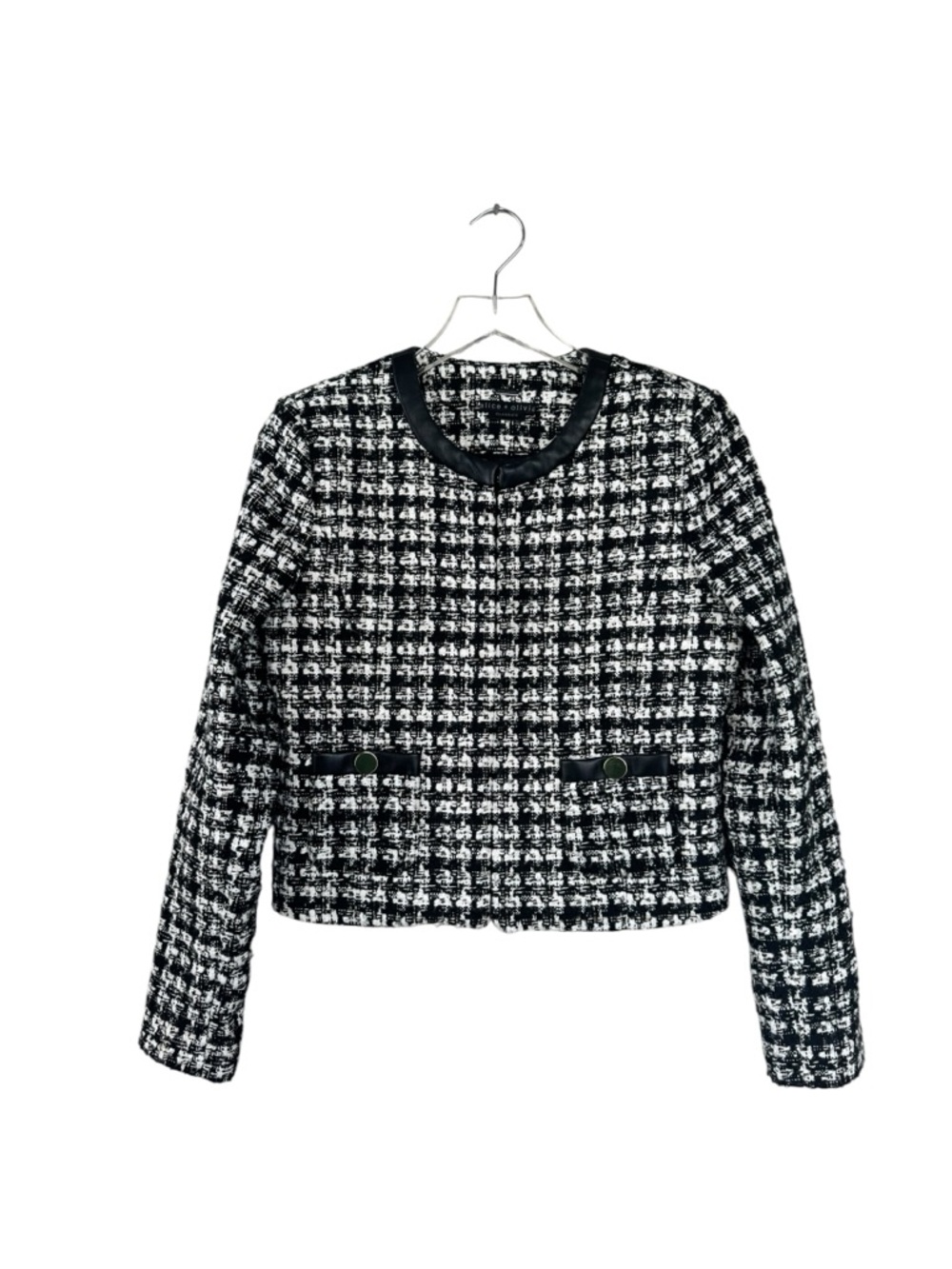 Alice + Olivia Donita Vegan Leather Tweed Jacket in Black & Off White Size Small